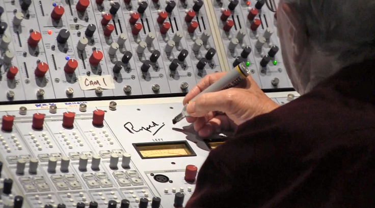 Rupert Neve signing the Neve 5088 console in the Blue Rock Studio