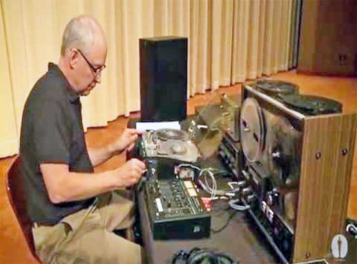 Ben Burtt with Teac reel tape recorder, known for audio editing on Star Wars and Indiana Jones film series, Invasion of the Body Snatchers, E.T. the Extra-Terrestrial, WALL-E and Star Trek