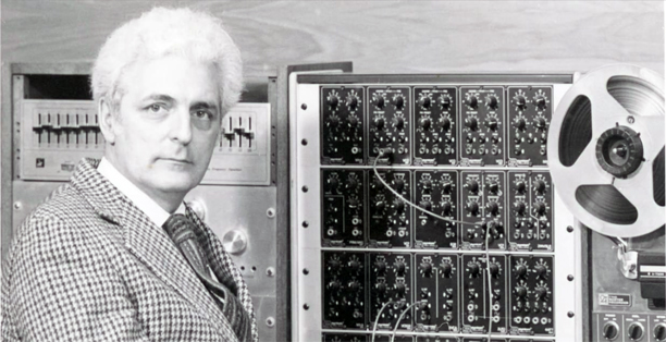 Bob Moog with Teac A-3340 reel to reel tape recorder
