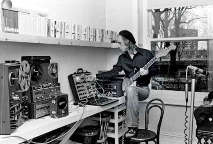 Brian Eno with Revox and Teac reel tape recorders