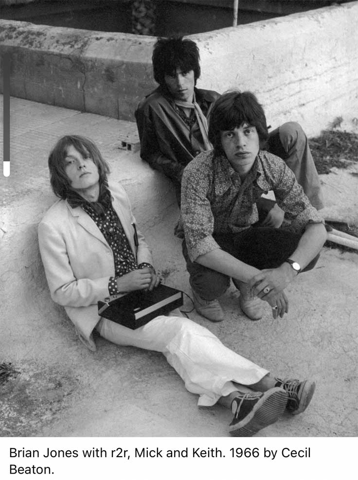 Brian Jones with Keith and Mick (Rolling Stones) with portable reel to reel tape recorder