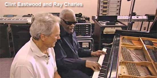 Clint Eastwood and Ray Charles with Ampex reel tape recorder