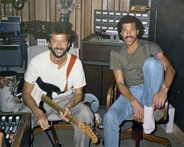 Eric Clapton with Lionel Richie at Bear Creek Studio, WA in 1986 with Ampex and Sony reel to reel tape recorders