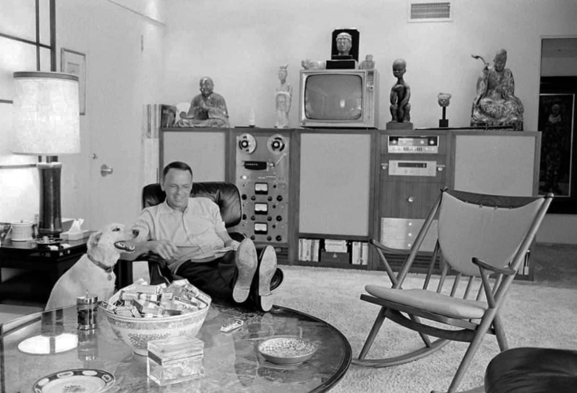 Frank Sinatra with his dog and Ampex tape recorder in 1965