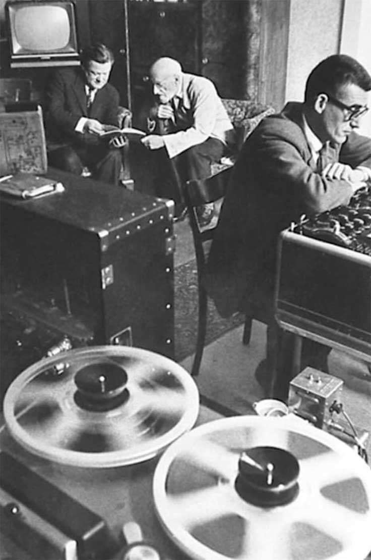 Geneva Ansermet recording Decca Records session with Ampex 350-2 reel tape recorder