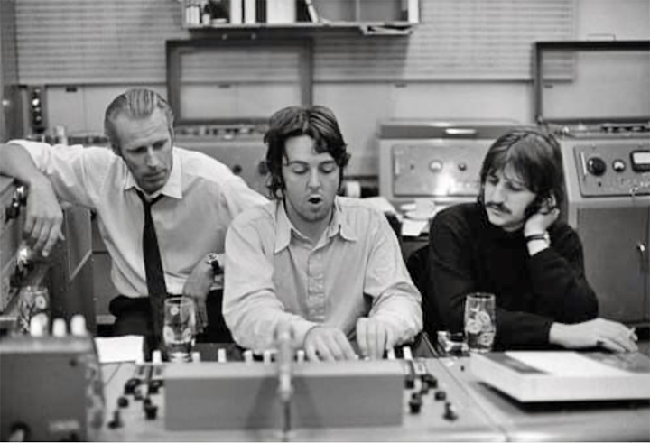 George Martin, Paul McCartney and Ringo Starr with EMI BTR reel tape recorders