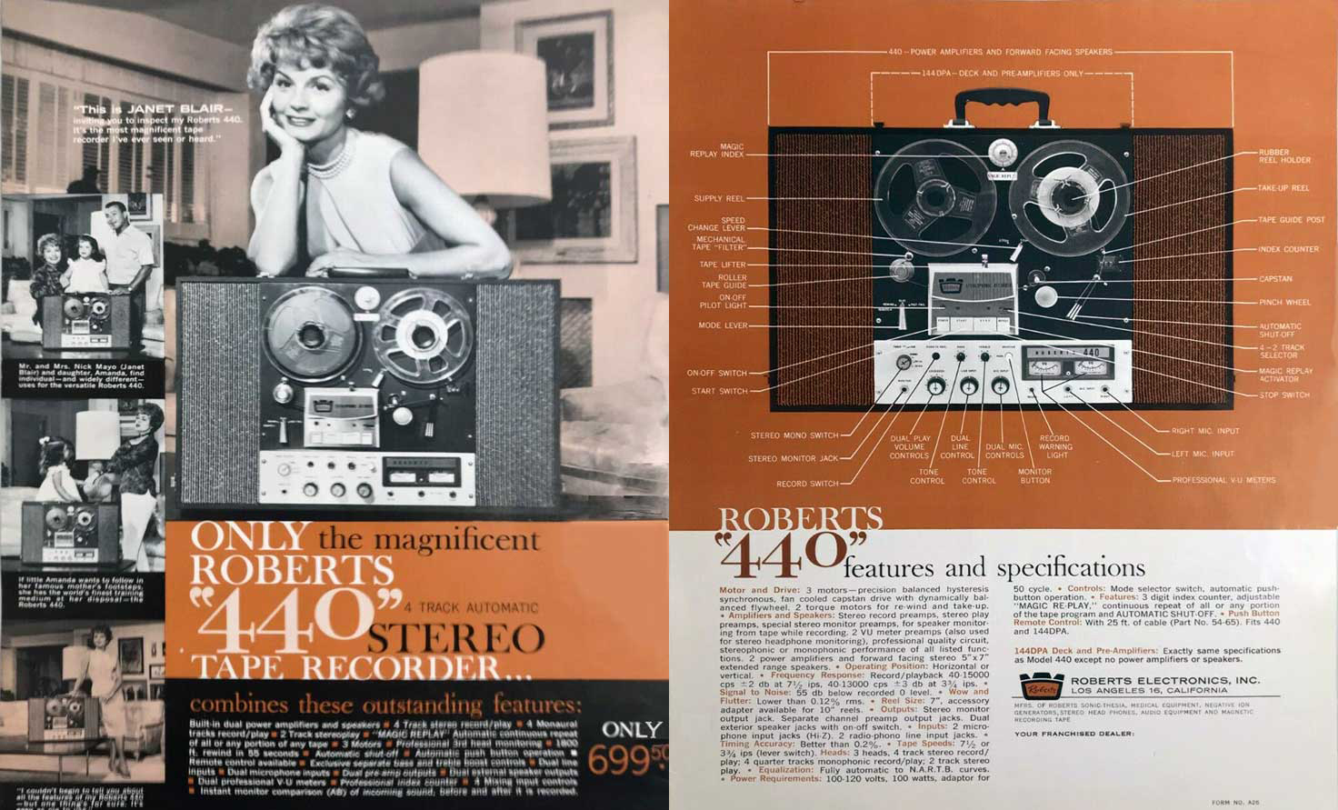 Janet Blair promoting the Roberts 440 reel to reel tape recorder
