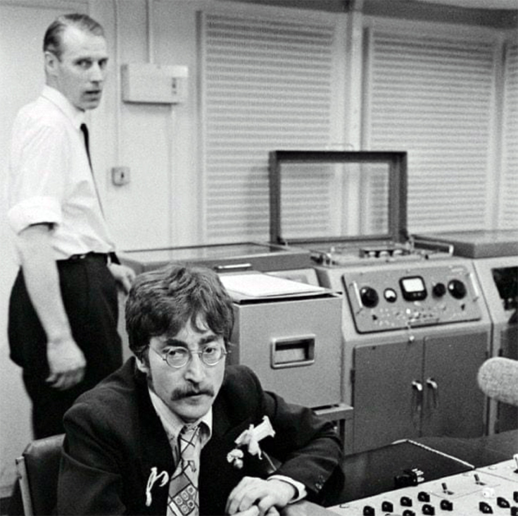 John Lennon and George Martin with EMI reel tape recorder