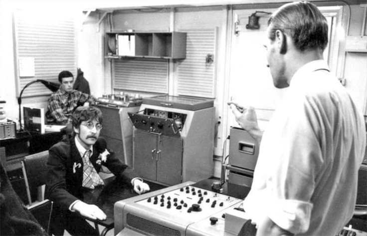 John Lennon and George Martin with EMI reel tape recorder