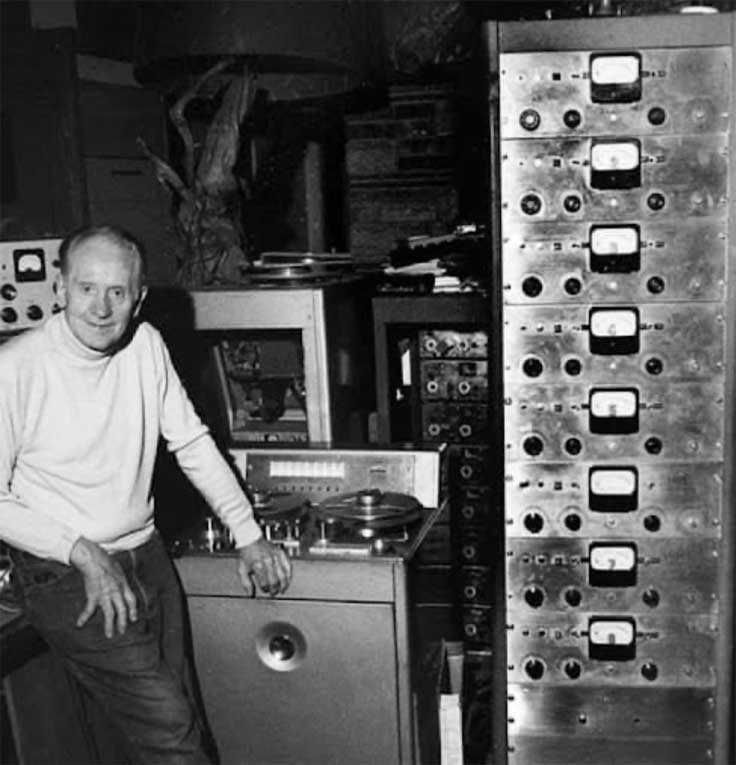 Les Paul with the Ampex 8-track Octopus reel tape recorder