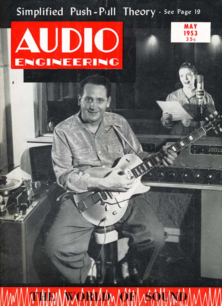 Les Paul and Mary Ford in their studio with Ampex tape recorder on cover of Audio Engineering magazine