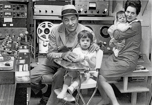 Louis Prima, hie wife Gina and children with Ampex reel tape recorders including a Sel-Sync unit