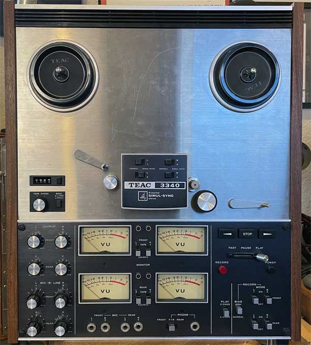 Teac 3340 four channel multi-sync reel to reel tape recorder donated to MOMSR by Steve N. Counter