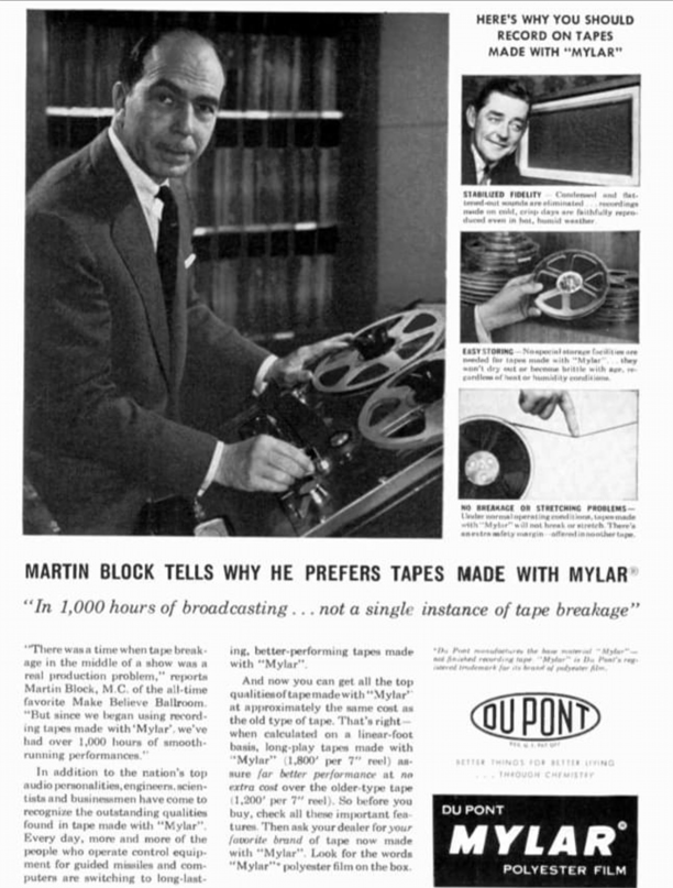 Radio broadcaster Martin Block (Make Believe Ballroom)  with Ampex tape recorder in Mylar Ad