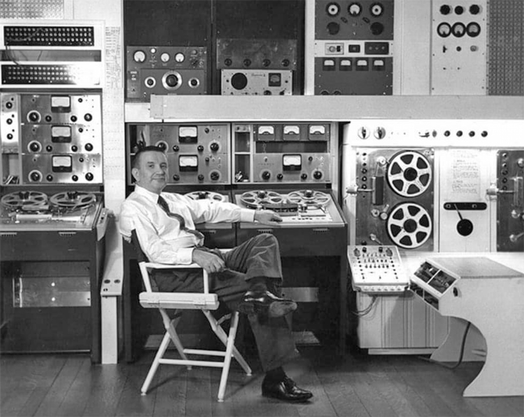 Raymond Scott with Ampex reel to reel tape recorders