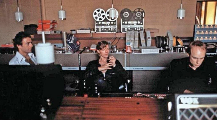 Robert Fripp, David Bowie and Brian Eno with Revox reel tape recoders