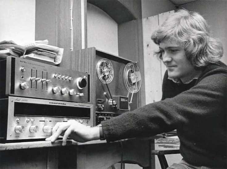 Simon Draper with Virgin Records with Teac reel to reel tape recorder