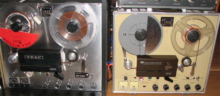 Teac 505 and Concertone 505 reel tape recorders in the momsr/reel2reeltexas/Theophilus vintage recording collection