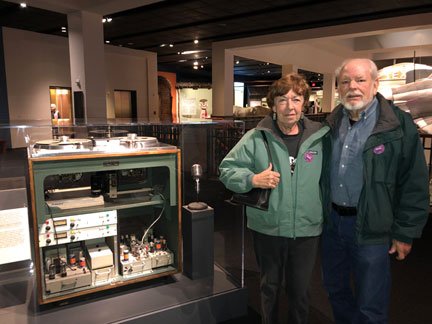 Chris and Martin Theophilus with the MOMSR Ampex 200A on display at the Bob Bullock Texas State History Museum