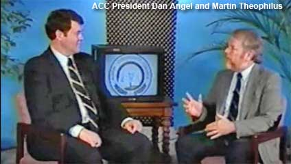 Martin being interviewed by Austin Community College President Dan Angel about the creation of the Commercial Music Program