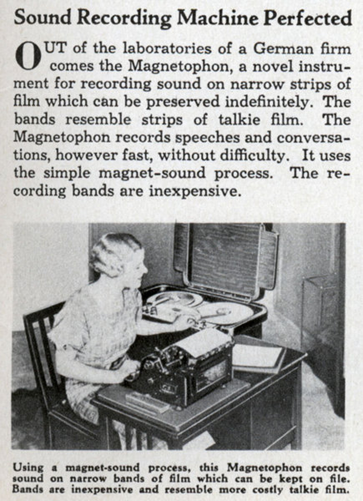 1936 photo of stenographer typing from early Magnetophon K1