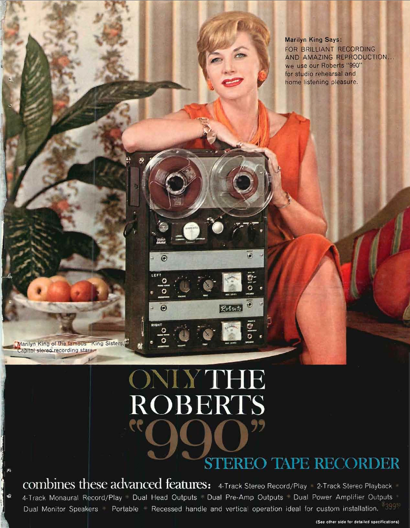 Roberts 990 reel tape recorder ad with Marlyn King